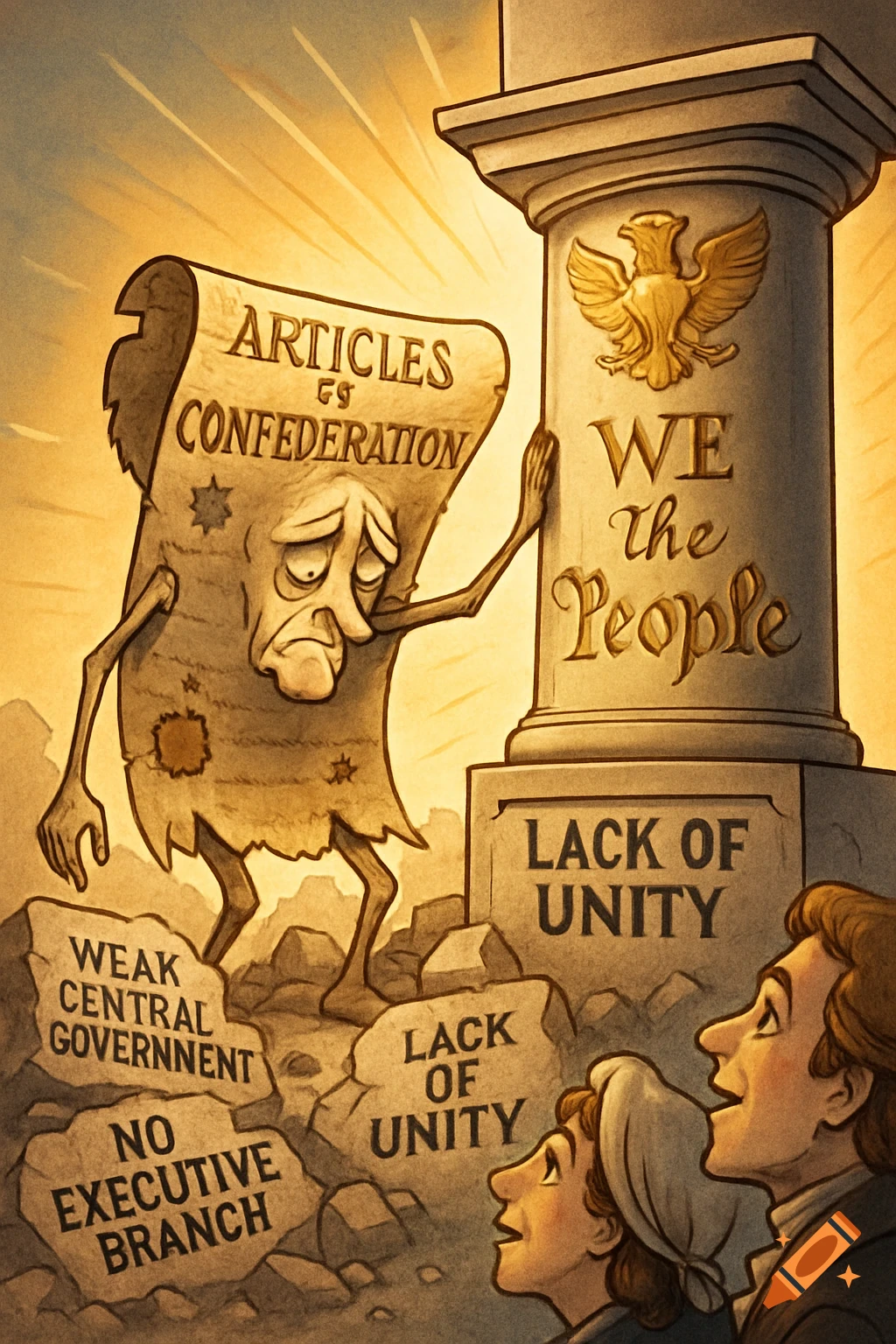 A sad, tattered scroll representing the Articles of Confederation stands on rocks of its weaknesses like 'Weak Central Government', as two people look up at a column labeled 'We the People'.