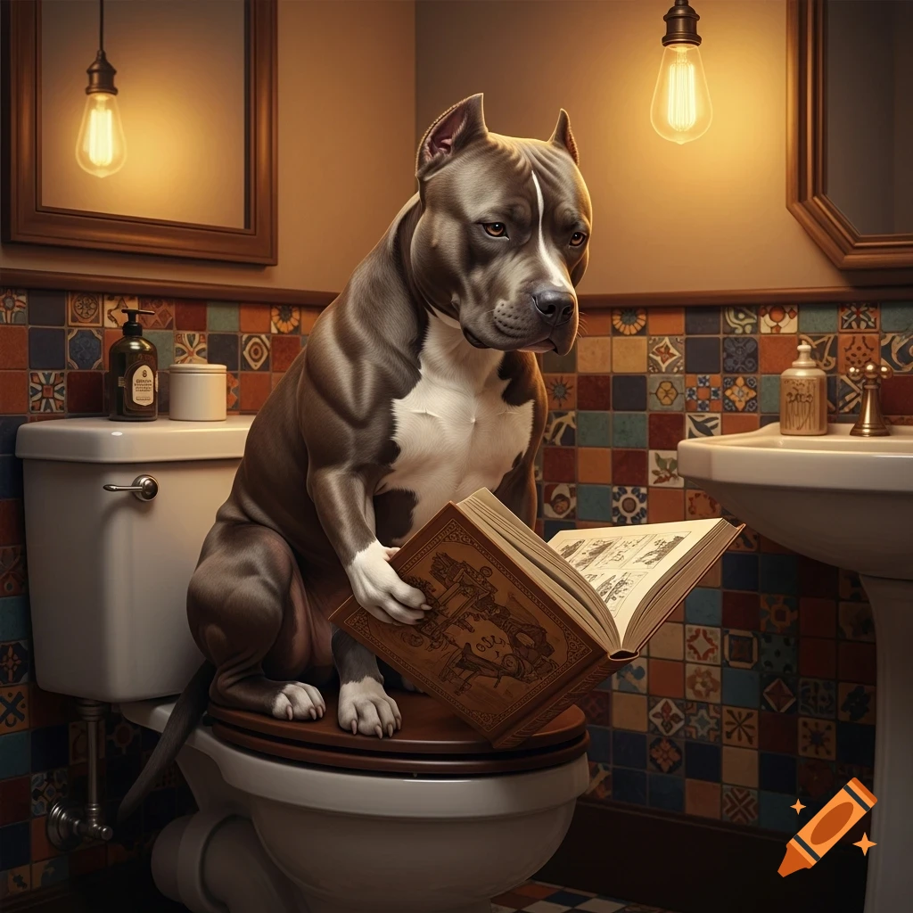 A photorealistic pitbull dog sitting upright on a toilet seat, engrossed in reading an open book in a bathroom.