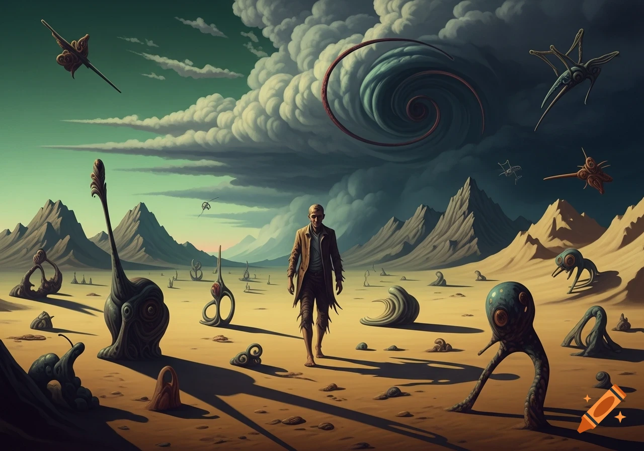 A man walks through a desolate, alien desert landscape with bizarre organic forms and mountains under a stormy, swirling sky.