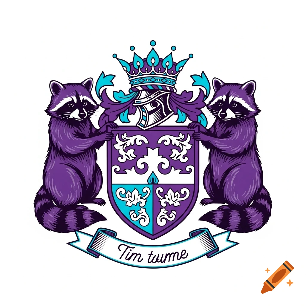 A stylized coat of arms illustration featuring two purple raccoons holding a shield, topped with a crown and helmet, and a banner with "Tim tuume" below.
