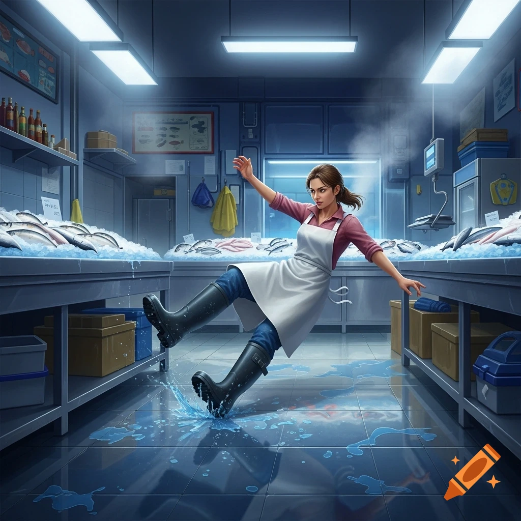 A woman in rubber boots and an apron slips on a wet floor in a fish shop, surrounded by iced fish displays.