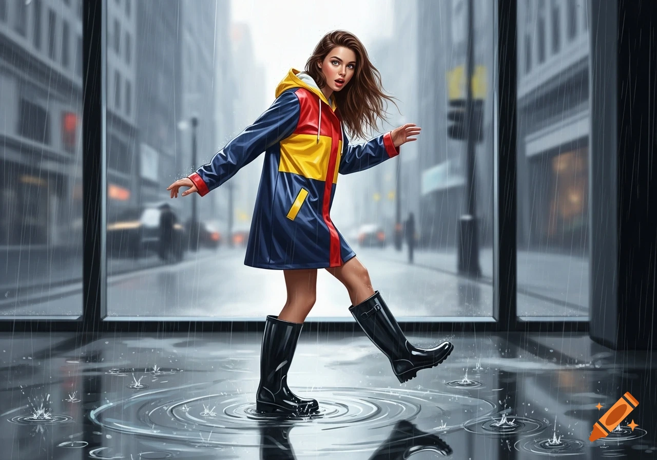 Young woman in a colorful raincoat and black rubber boots stepping through puddles on a rainy city street.