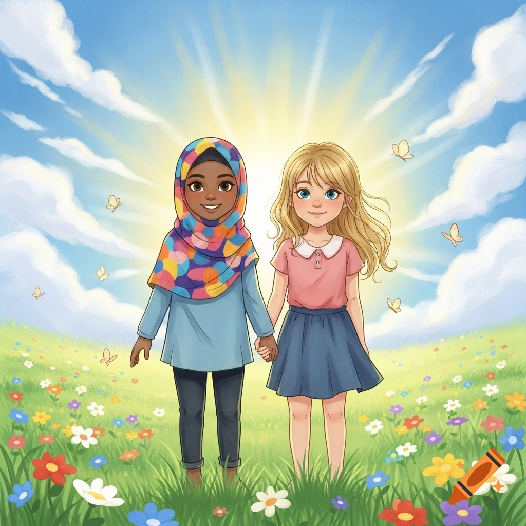 Two cartoon girls, one in a colorful hijab, one with blonde hair, holding hands in a sunny flower field.