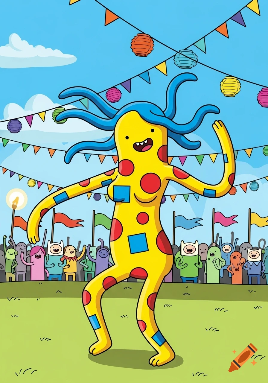 A yellow, polka-dotted humanoid with blue tentacle hair dances at an outdoor festival, in Adventure Time cartoon style.