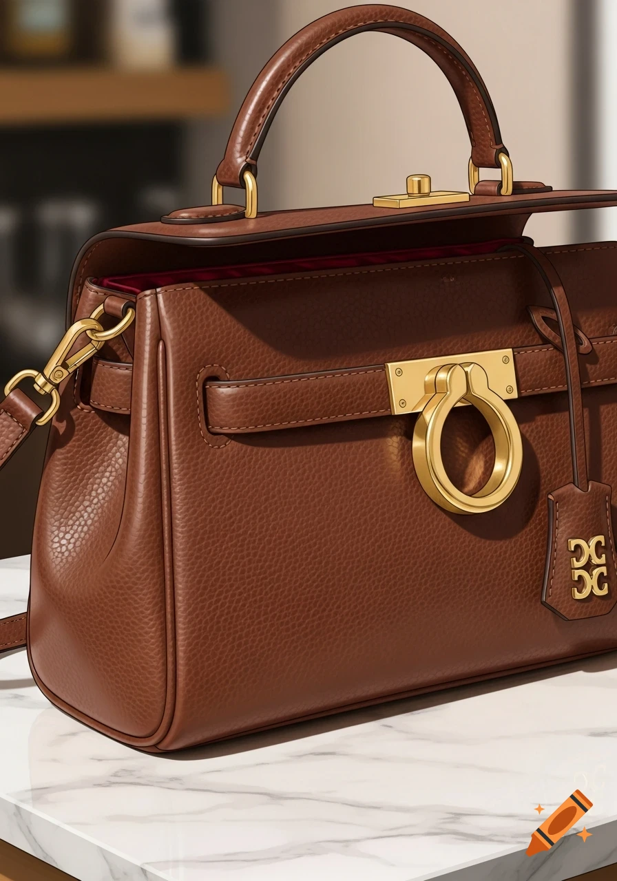 Close-up of a brown pebbled leather handbag with gold hardware and a branded tag, sitting on a white marble surface.