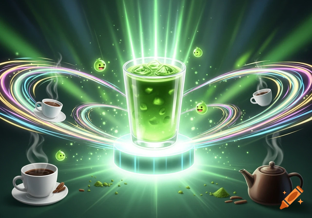 A glowing green matcha drink on a pedestal, surrounded by coffee cups, a teapot, and cute green characters amidst swirling light trails.