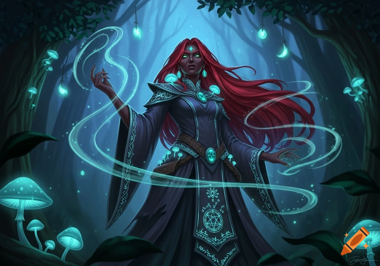 An ancient witch with red hair and dark skin stands in a magical blue forest, surrounded by glowing mushrooms and casting a spell with light blue energy.