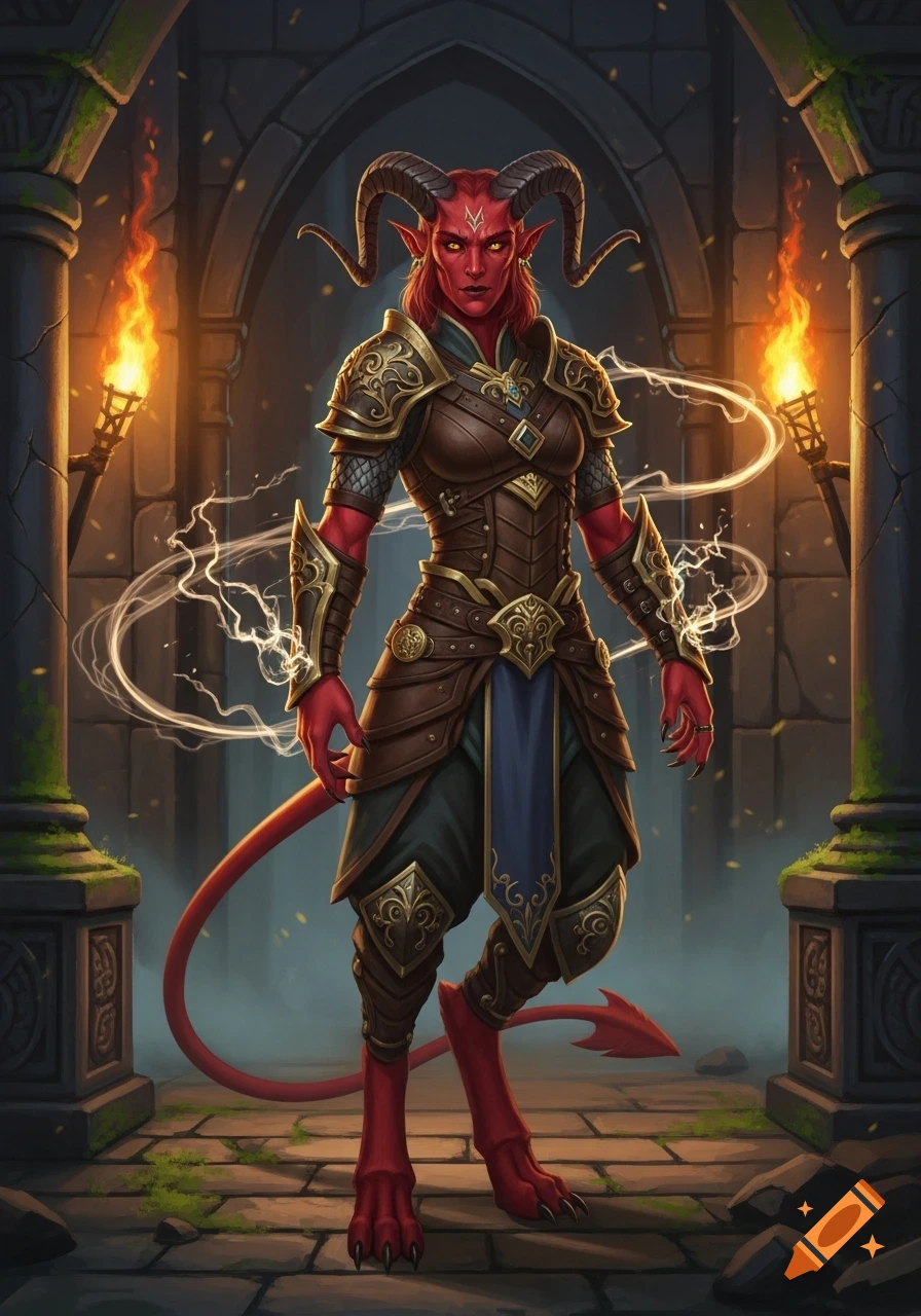 A red-skinned female Tiefling in detailed brown and gold armor stands in an ancient stone hall with torches.