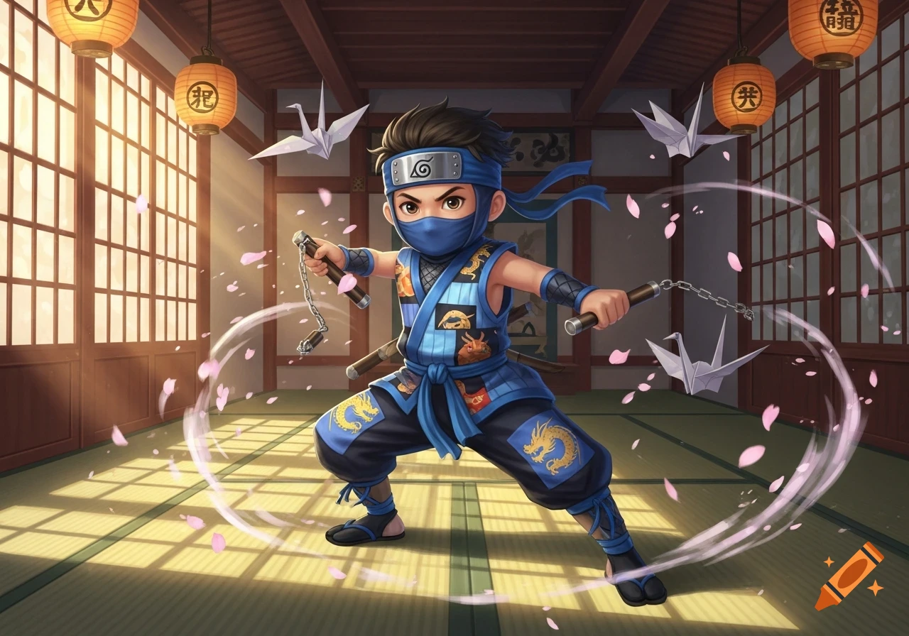 A cartoonish young ninja in a blue suit holds nunchucks in a traditional dojo, surrounded by origami cranes and pink cherry blossoms.