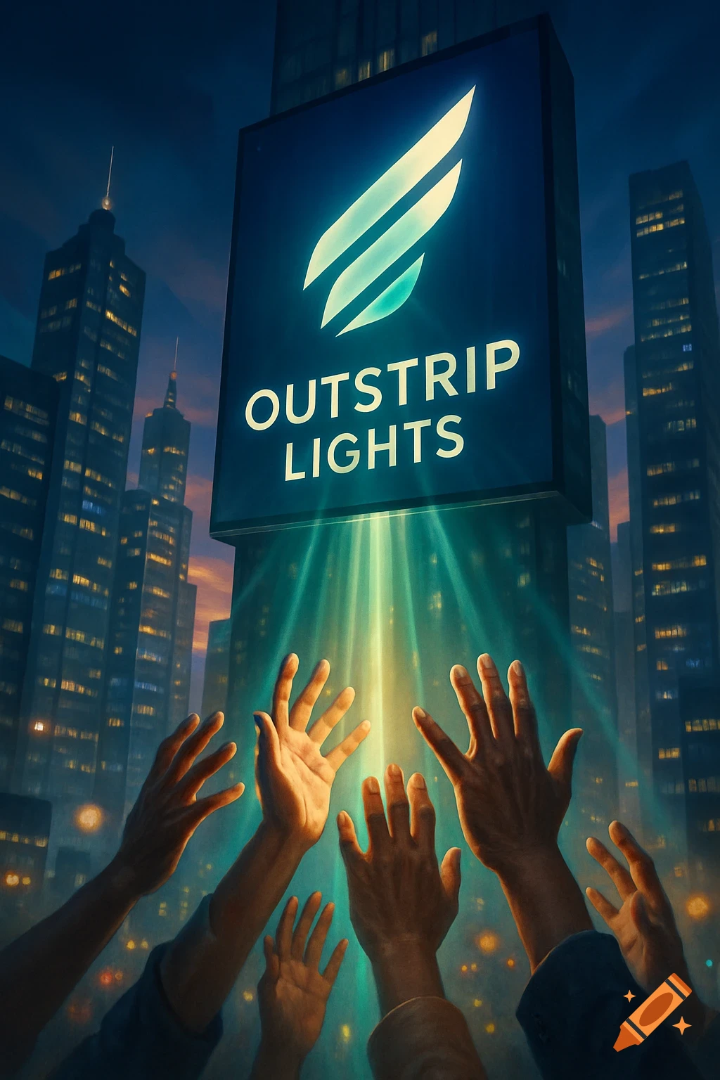 Multiple hands reach towards a large, glowing 'OUTSTRIP LIGHTS' sign emitting light beams in a futuristic city at night.