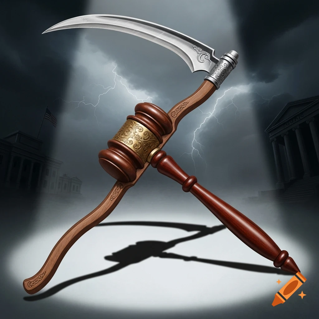 A dramatic image of a scythe and a gavel crossed, set against a stormy sky with lightning and distant classical buildings.