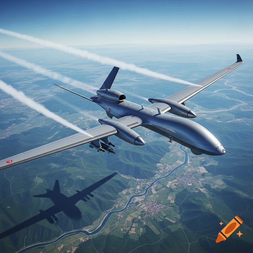 Photorealistic image of a grey military drone with missiles flying high above a green landscape with a winding river.