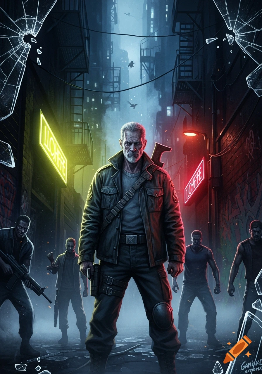 Grizzled man with a tactical vest and weapon confronts a street gang in a dark, neon-lit urban alley, digital art style.