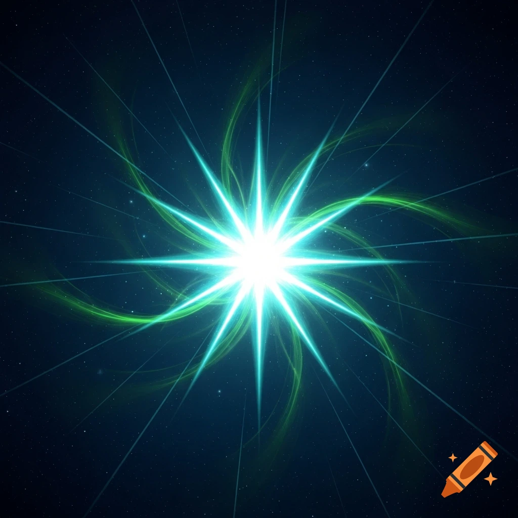 A bright, glowing star with green and turquoise light rays and swirling highlights against a dark blue, starry background.