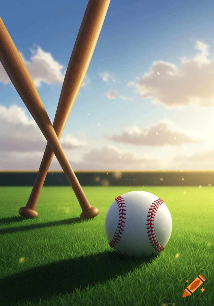 Two wooden baseball bats crossed, leaning in a vibrant green baseball field with a white baseball, under a sunny sky.