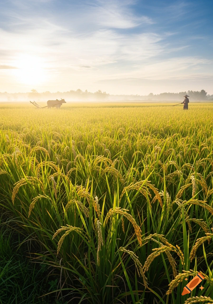 A farmer and an ox working in a vast, golden rice field at sunrise, under a blue and hazy sky.
