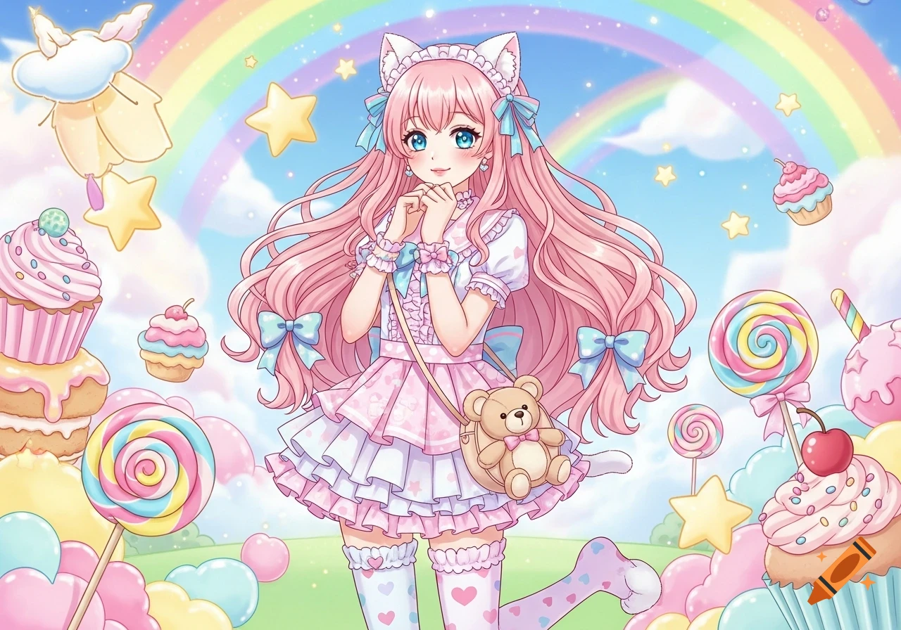 A cute anime girl with long pink hair and cat ears, wearing a pastel dress, surrounded by colorful candies, lollipops, cupcakes, stars, and a rainbow.