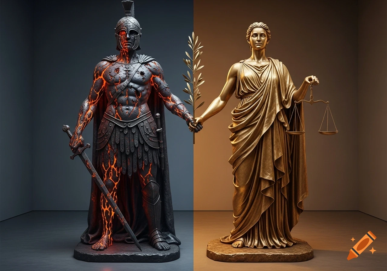 A split statue showing a dark, lava-cracked warrior with a sword on the left, and a golden robed figure with scales and an olive branch on the right.
