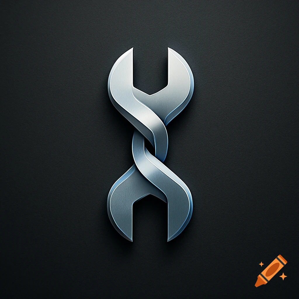 A stylized metallic silver wrench logo twisted into a decorative shape on a dark grey background.