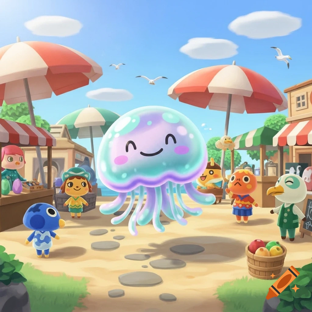 A cute, pastel jellyfish smiles while floating on a sunny beach, surrounded by Animal Crossing characters and market stalls.