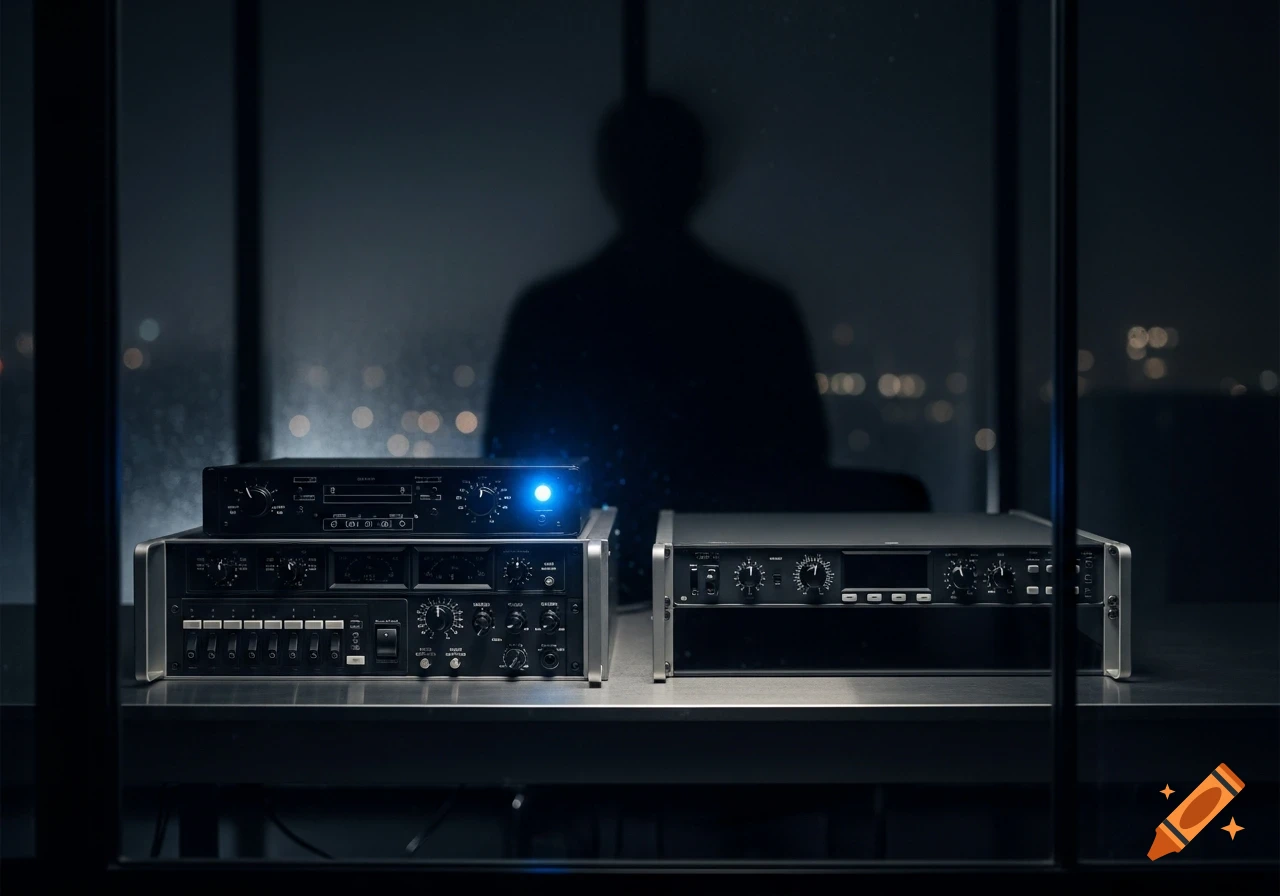 Professional surveillance equipment on a desk in a dark room, with a silhouetted figure and city lights in the background, cinematic night photo.