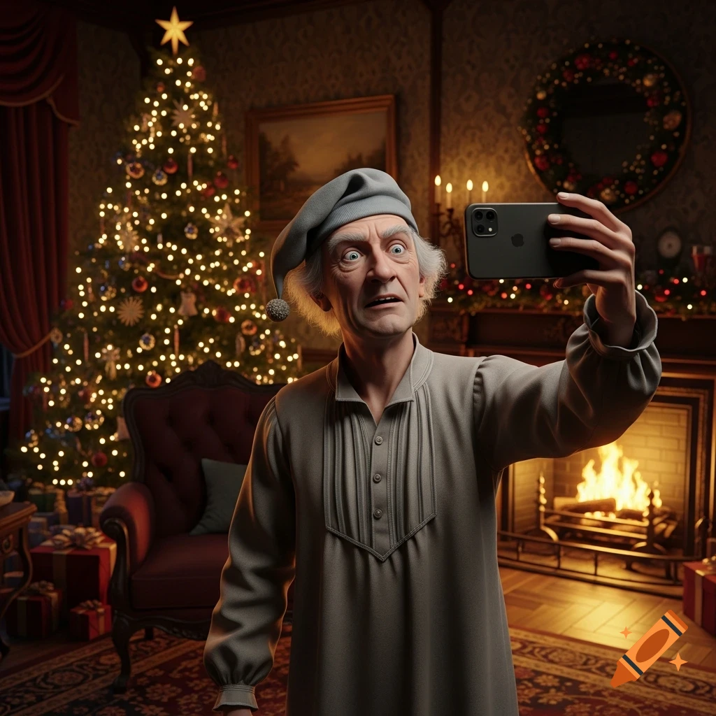 Photorealistic Scrooge in nightshirt and cap takes a selfie in a festive Christmas living room with a tree and fireplace.