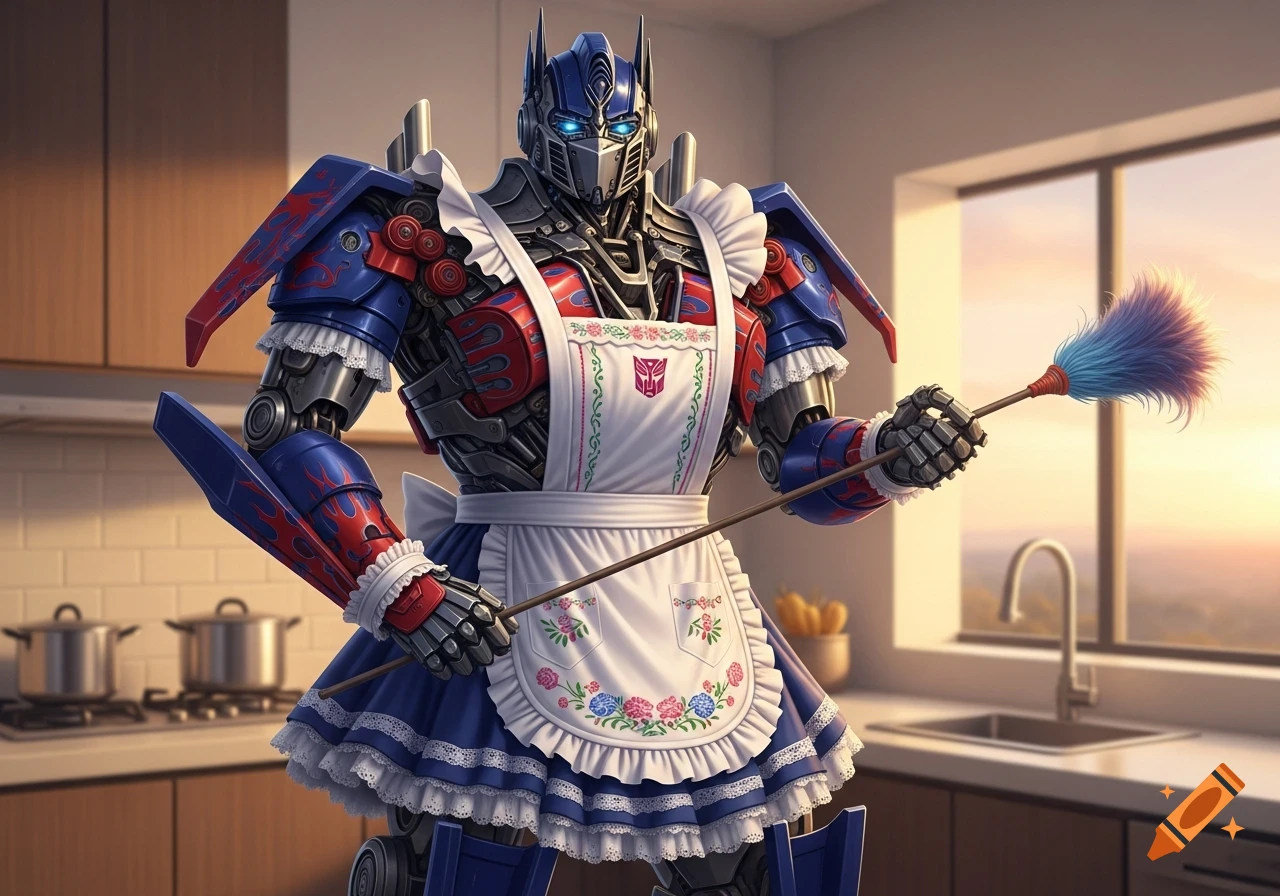 Photorealistic rendering of Optimus Prime in a frilly blue and white maid outfit, holding a feather duster in a kitchen.