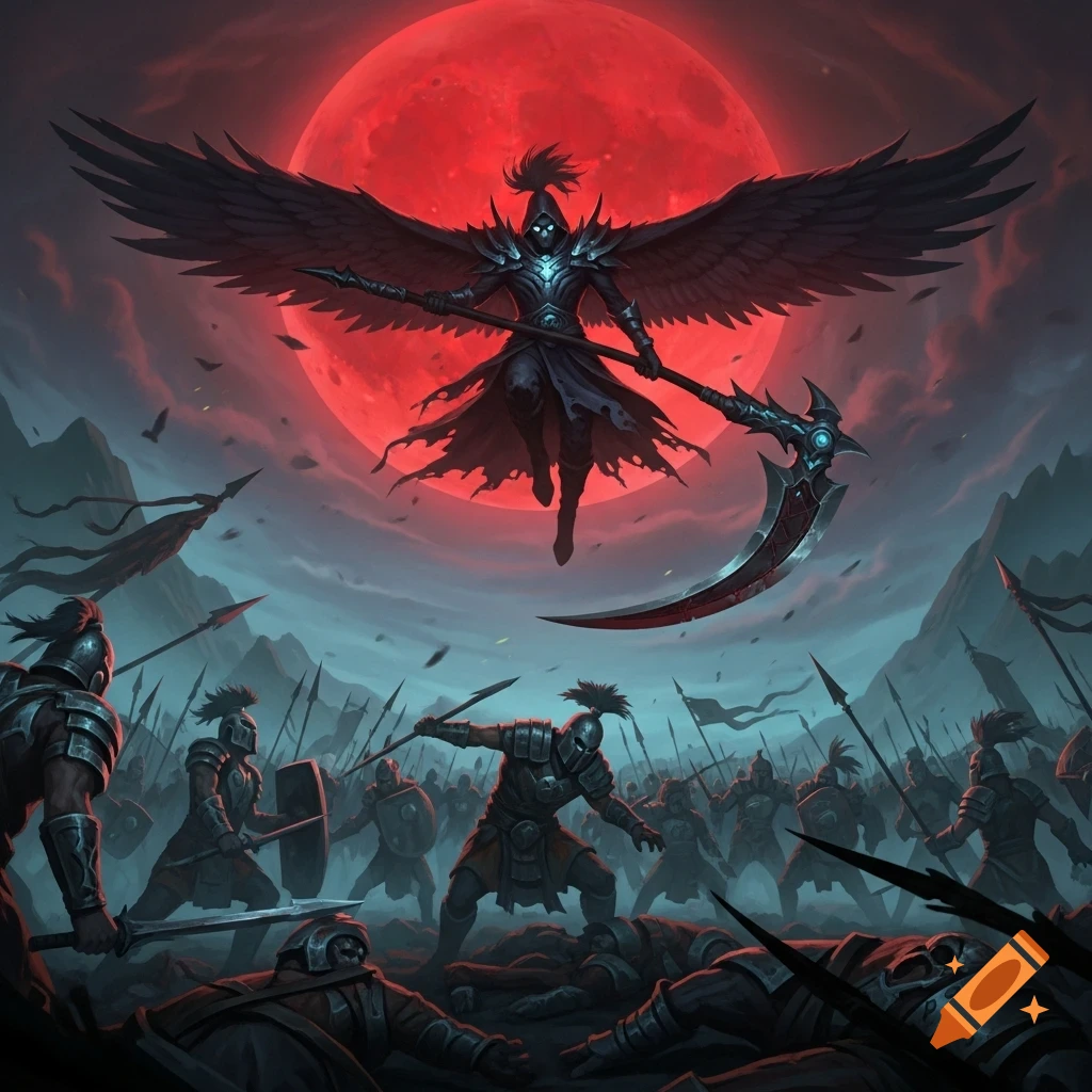 A winged reaper with a scythe flies above a dark fantasy battlefield with warriors and fallen bodies under a massive red blood moon.