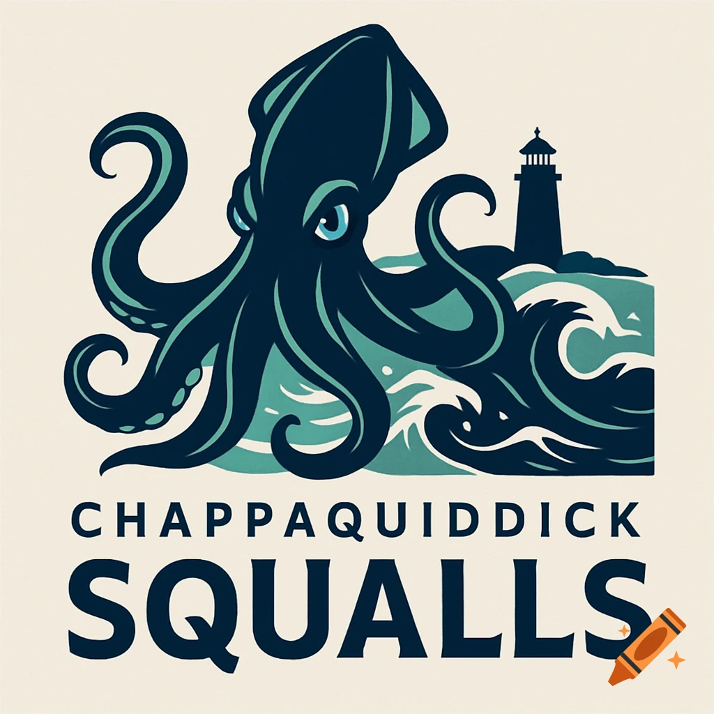 A stylized logo with a dark blue squid rising from teal waves, a lighthouse in the background, and 'CHAPPAQUIDDICK SQUALLS' text.