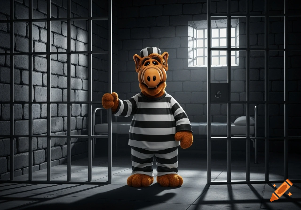 ALF the alien character stands in a prison cell wearing a striped prisoner uniform and cap.