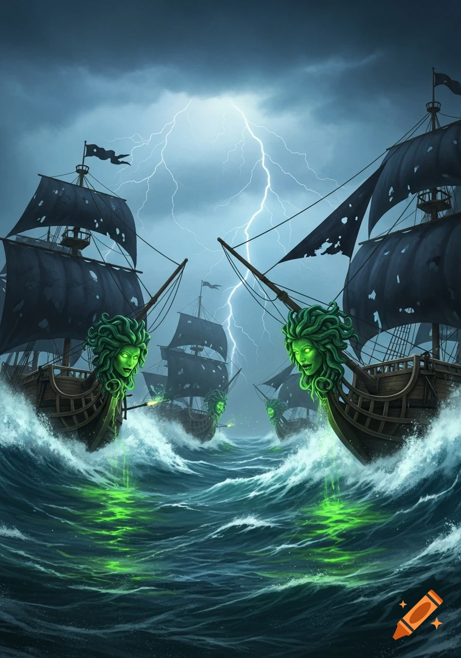 Fantasy illustration of ghostly pirate ships with glowing green Medusa figureheads sailing through a stormy sea with lightning.