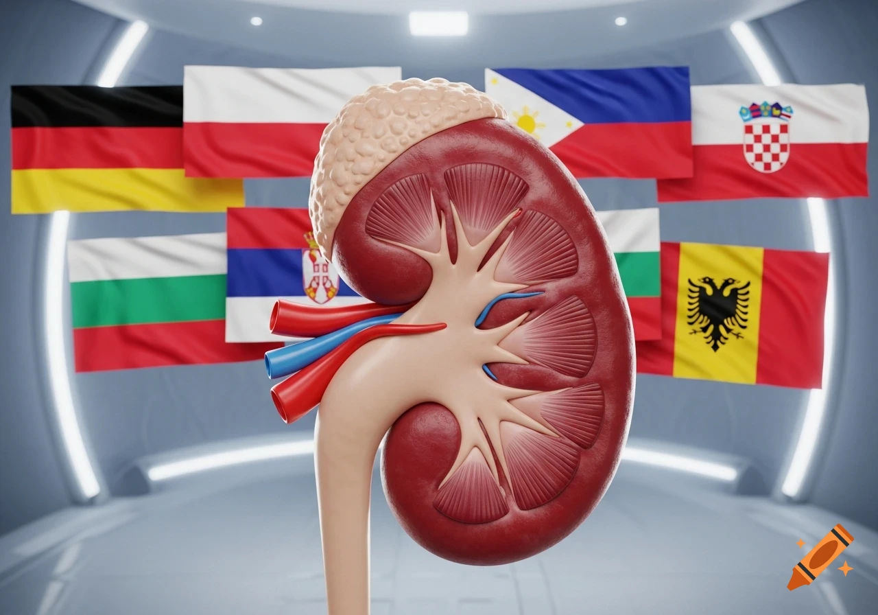 3D rendered human kidney with internal structure visible, surrounded by national flags, in a futuristic setting.