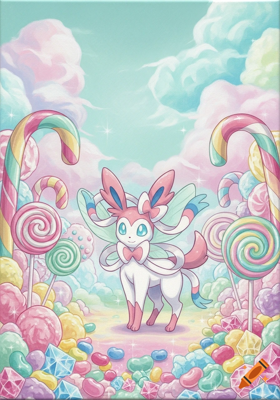 A Sylveon Pokemon stands in a pastel acrylic painting of a candy land with lollipops, jelly beans, and gem-like candies under a cloudy sky.