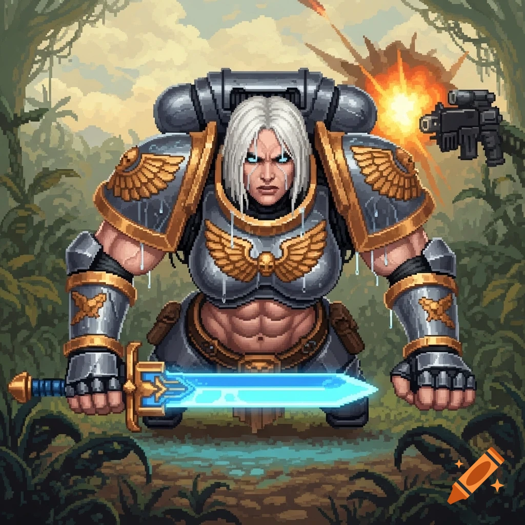 Retro pixel art of a muscular female Space Marine in a jungle, crouching with a glowing blue plasma sword, an explosion in the background.