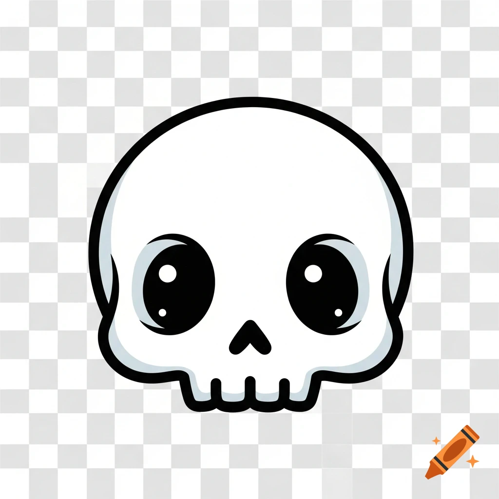 A cute, simplified white chibi skull illustration with large black eyes and a thick black outline, on a transparent background.