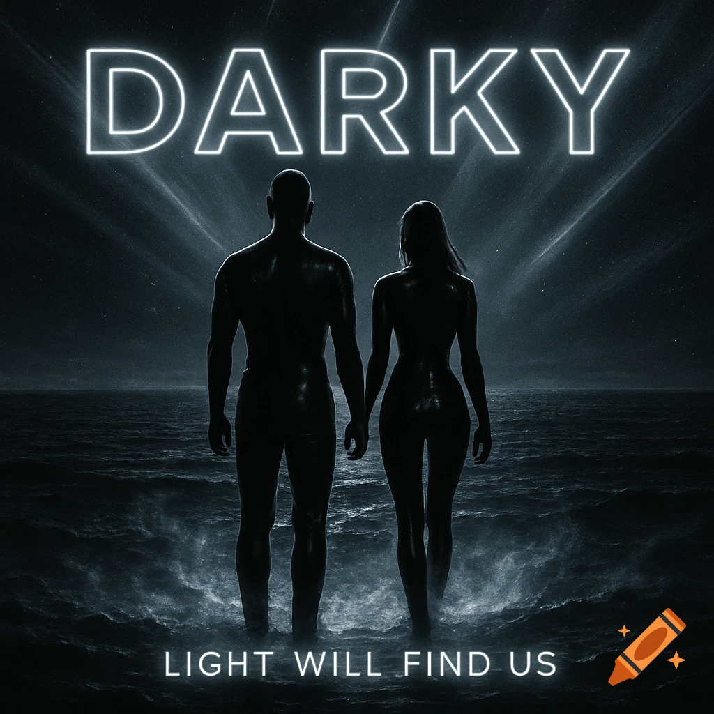 An album cover features silhouetted man and woman facing a dark, misty sea under glowing text "DARKY" and "LIGHT WILL FIND US".