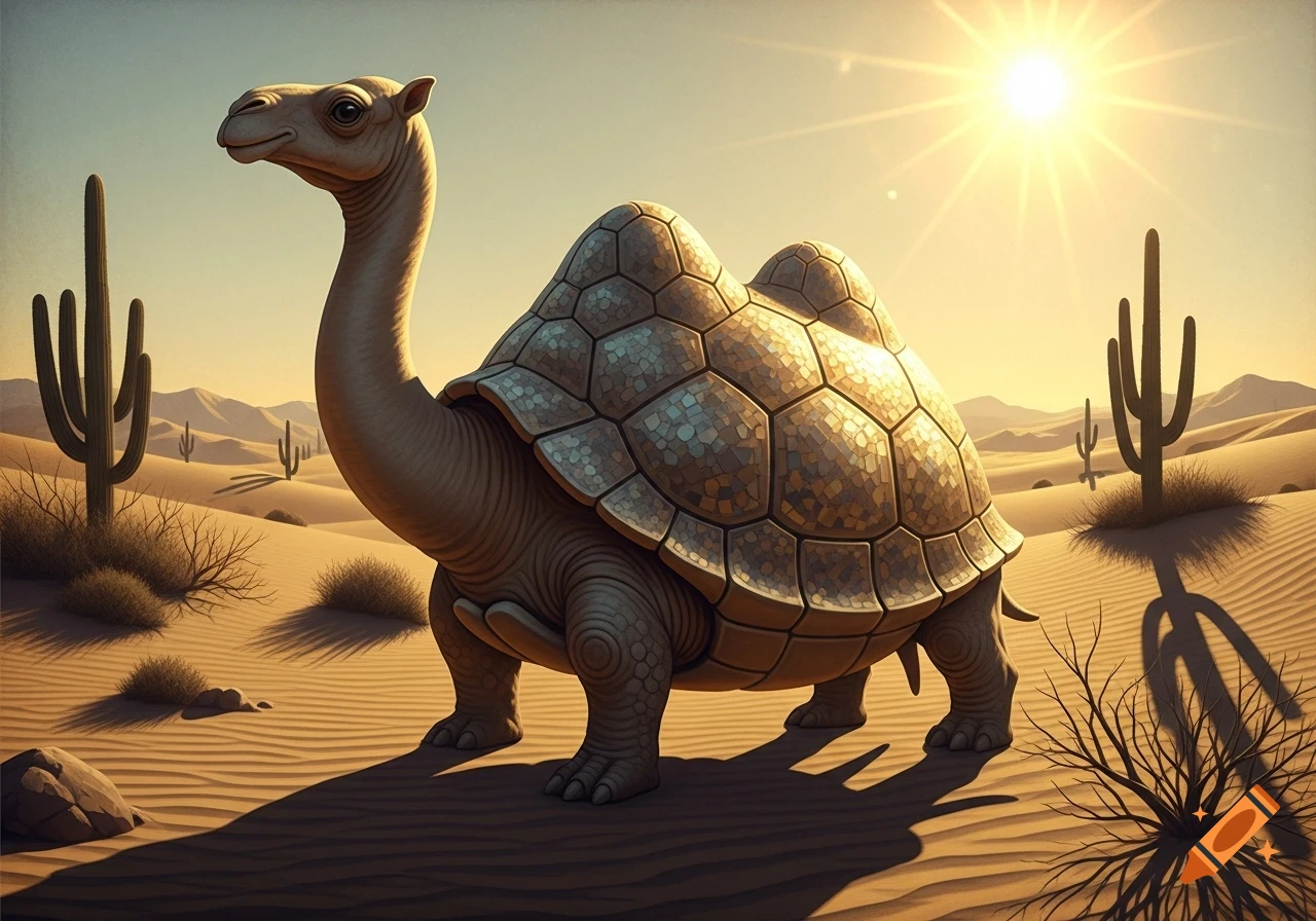 A camel-turtle hybrid animal stands in a sunlit desert with saguaro cacti, digital art.