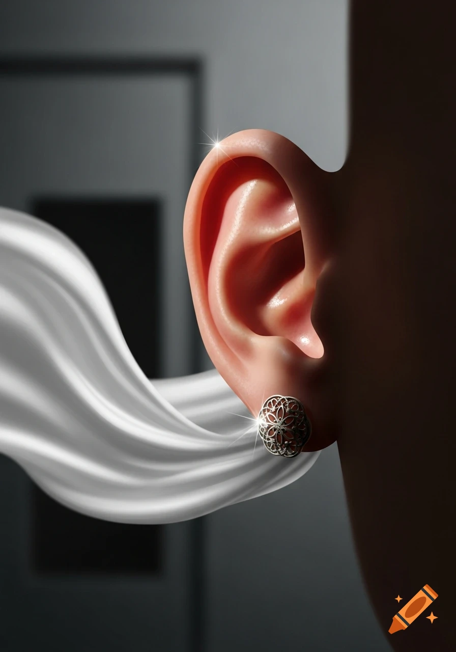Close-up of a human ear with a silver filigree stud earring, and flowing white fabric on a dark background.