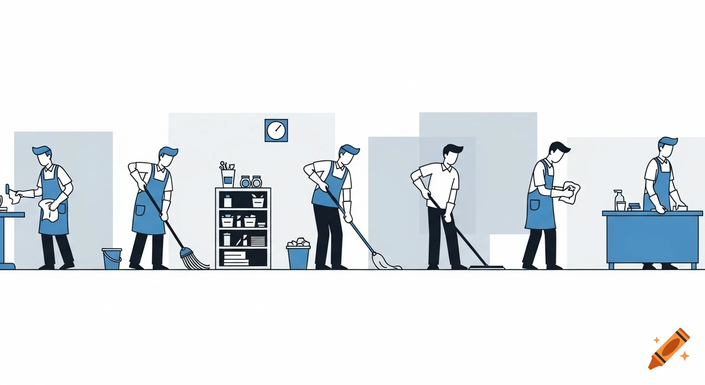 A minimalistic cartoon illustration of several men in blue aprons performing various cleaning tasks in a sequence.