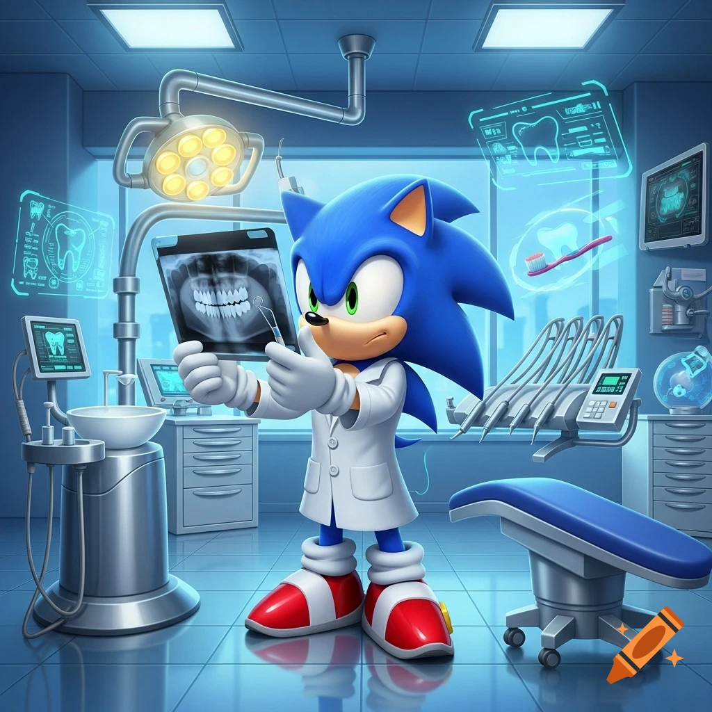 Sonic the Hedgehog dressed as a dentist, holding a dental x-ray in a futuristic dental office.