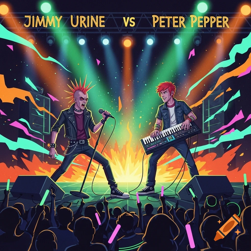 Vibrant illustration of two punk rock musicians, Jimmy Urine and Peter Pepper, performing on stage under colorful lights to a crowd holding glow sticks.