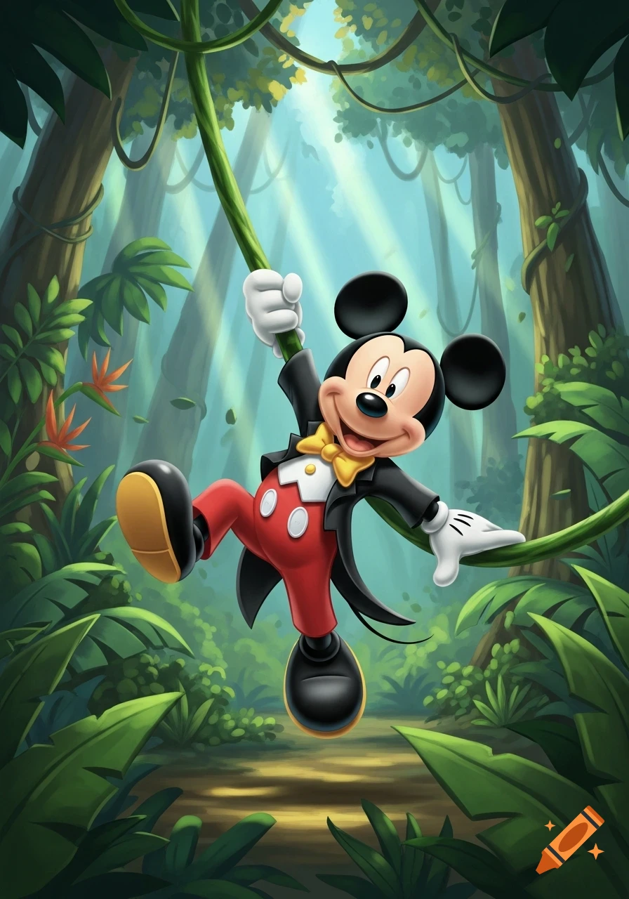Mickey Mouse in a black tuxedo jacket and red pants joyfully swings from a green vine in a lush cartoon jungle with sun rays filtering through trees.