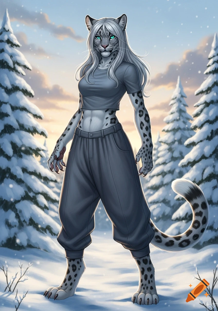 A female snow leopard demi-human with teal eyes and white hair wears a crop top and baggy pants in a snowy winter forest.