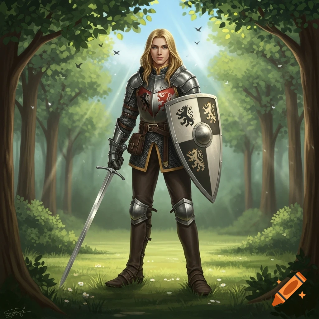 A young blonde knight in full armor, holding a sword and shield, stands in a sunlit forest.