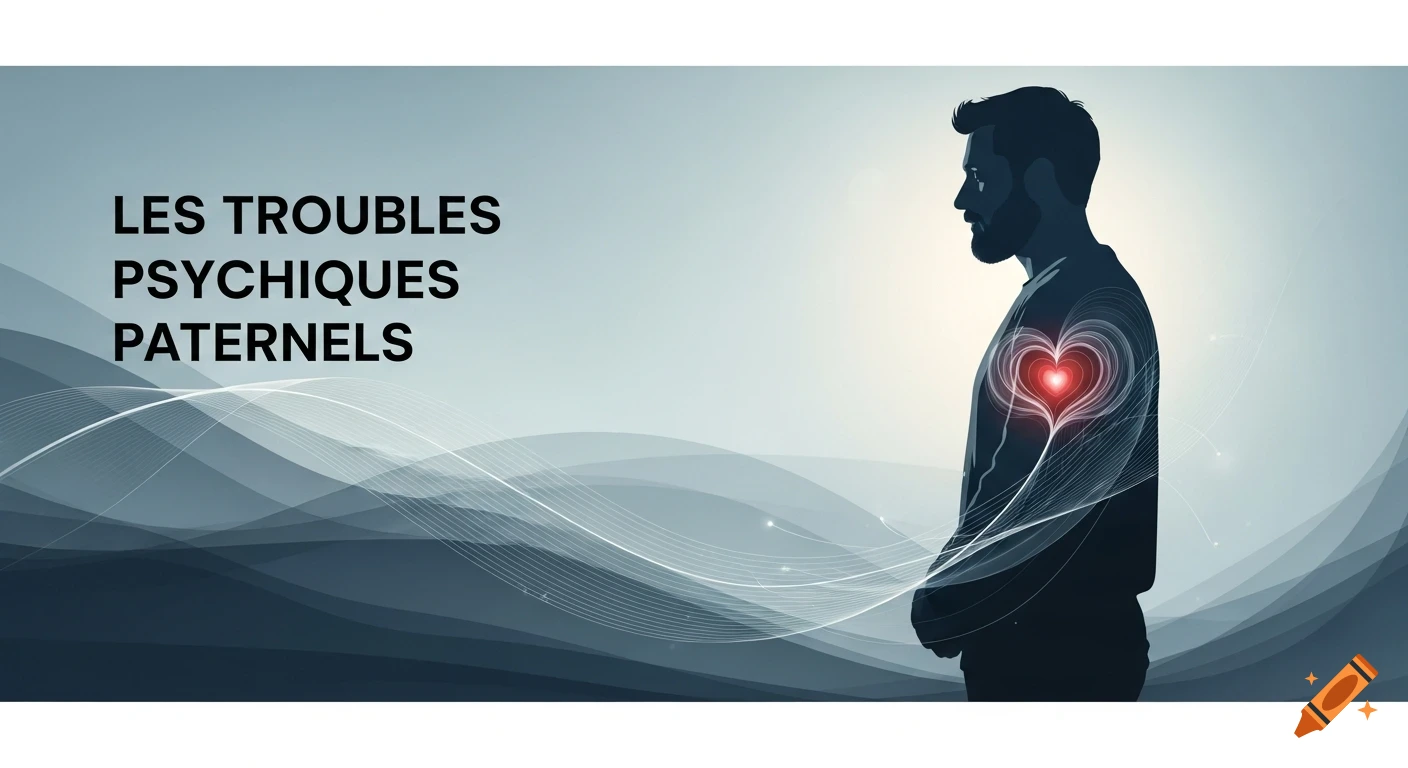 Stylized illustration of a man's silhouette with a glowing red heart against a grey background with flowing lines, and text "LES TROUBLES PSYCHIQUES PATERNELS".