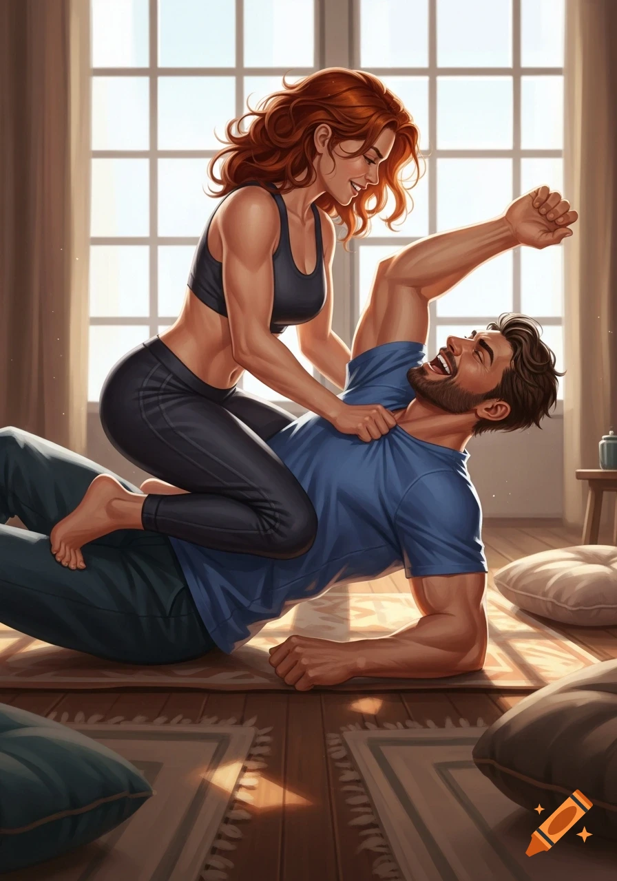 Digital illustration of a red-haired woman playfully wrestling a man on the floor indoors, both smiling.