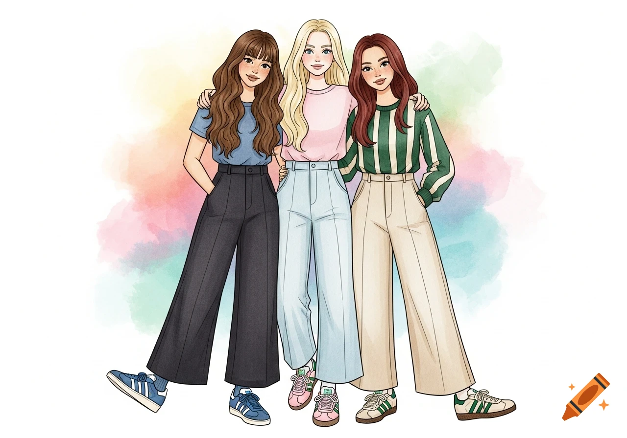 Three animated girls with different hair colors and outfits, wearing wide-leg pants and Adidas sneakers, stand arm-in-arm in a watercolor-style illustration.