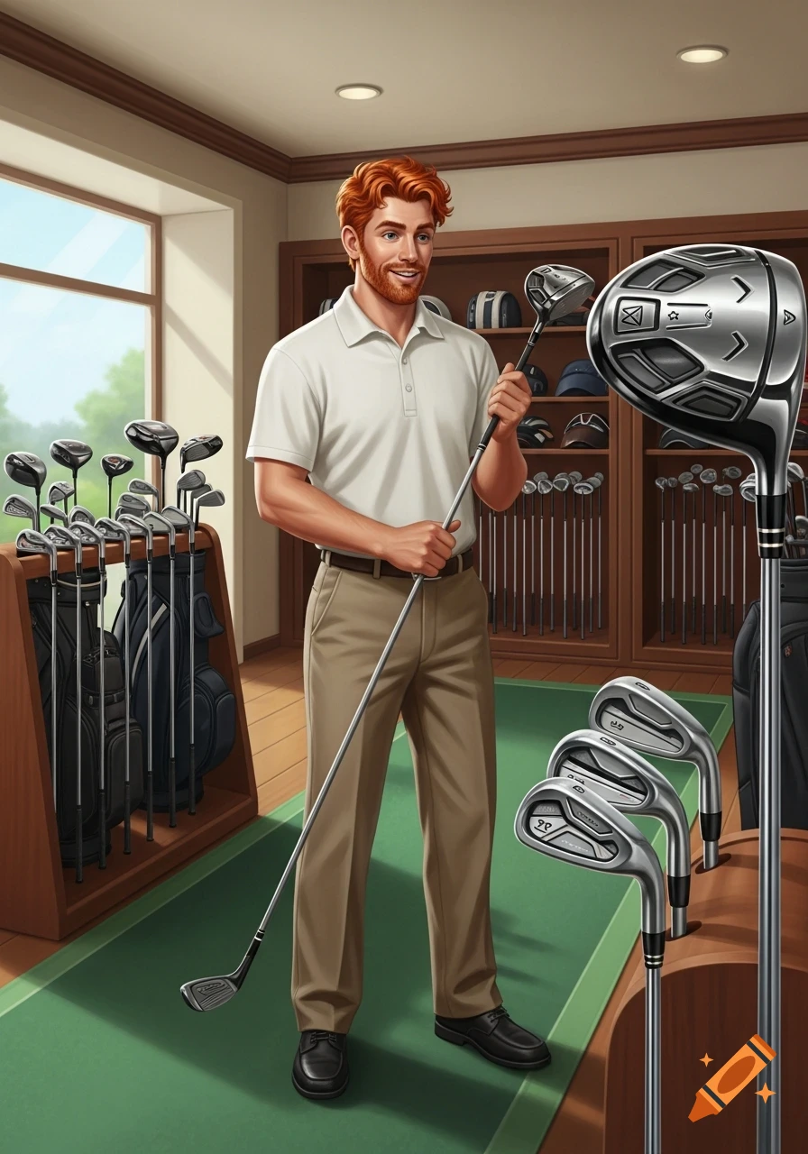 A smiling ginger man holds a golf club in a well-stocked golf shop, depicted in a digital illustration.