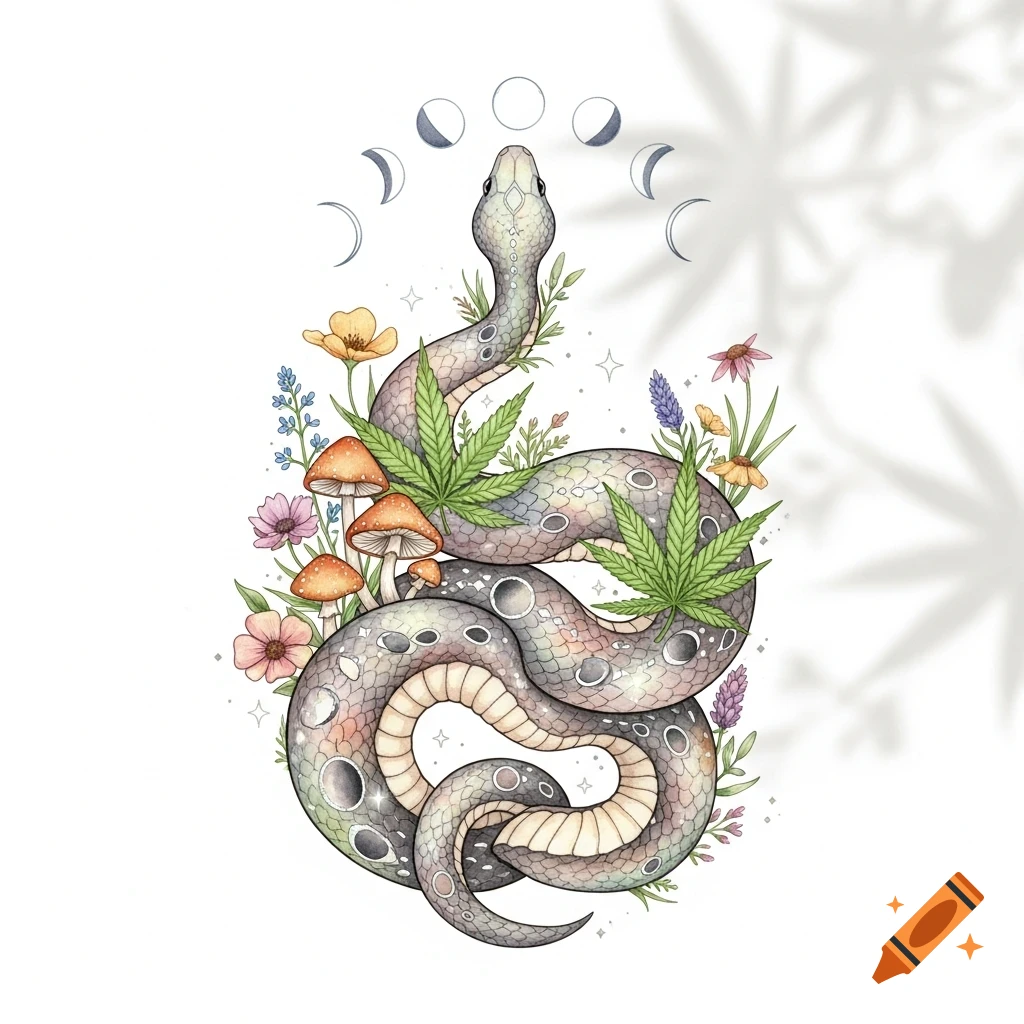 Watercolor illustration of a snake coiled with cannabis leaves, mushrooms, and flowers, featuring moon phases on its scales.