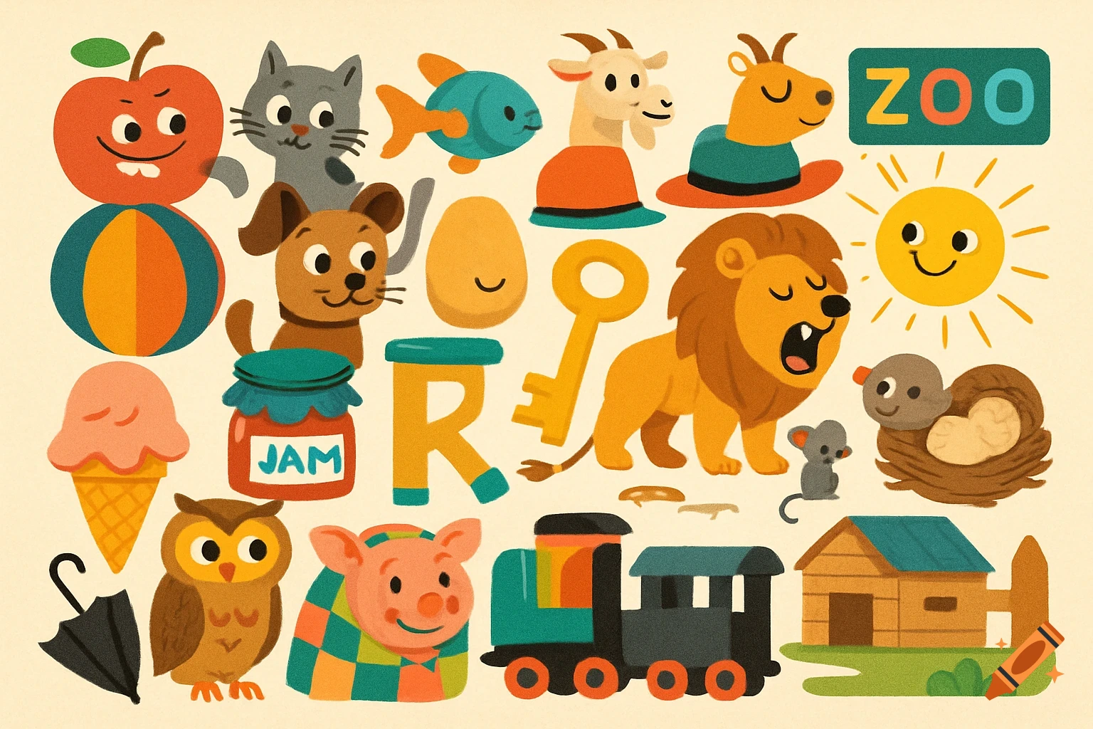 A colorful collection of cute cartoon animals and everyday objects, including an apple, cat, dog, lion, goat, pig, sun, umbrella, and a train, in a flat illustration style with a grainy texture.